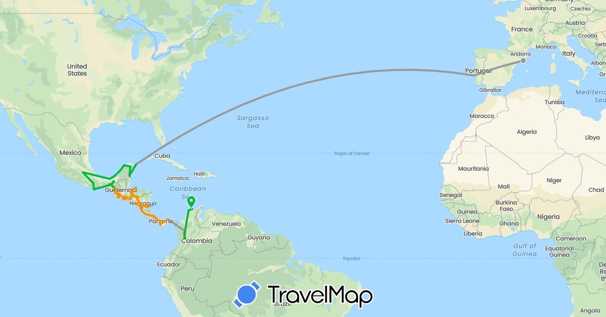 TravelMap itinerary: driving, bus, plane, hiking, boat, hitchhiking, motorbike in Costa Rica, Spain, Guatemala, Honduras, Mexico, Nicaragua, Panama, Portugal, El Salvador (Europe, North America)